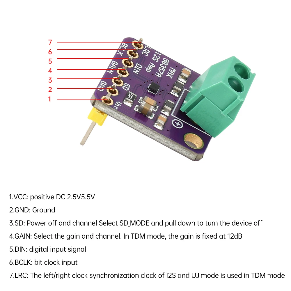 MAX98357 I2S Class D Amplifier Breakout Interface DAC Decoder Module 3/6/9/12/15dB Filterless Audio For Raspberry Pi ESP 32