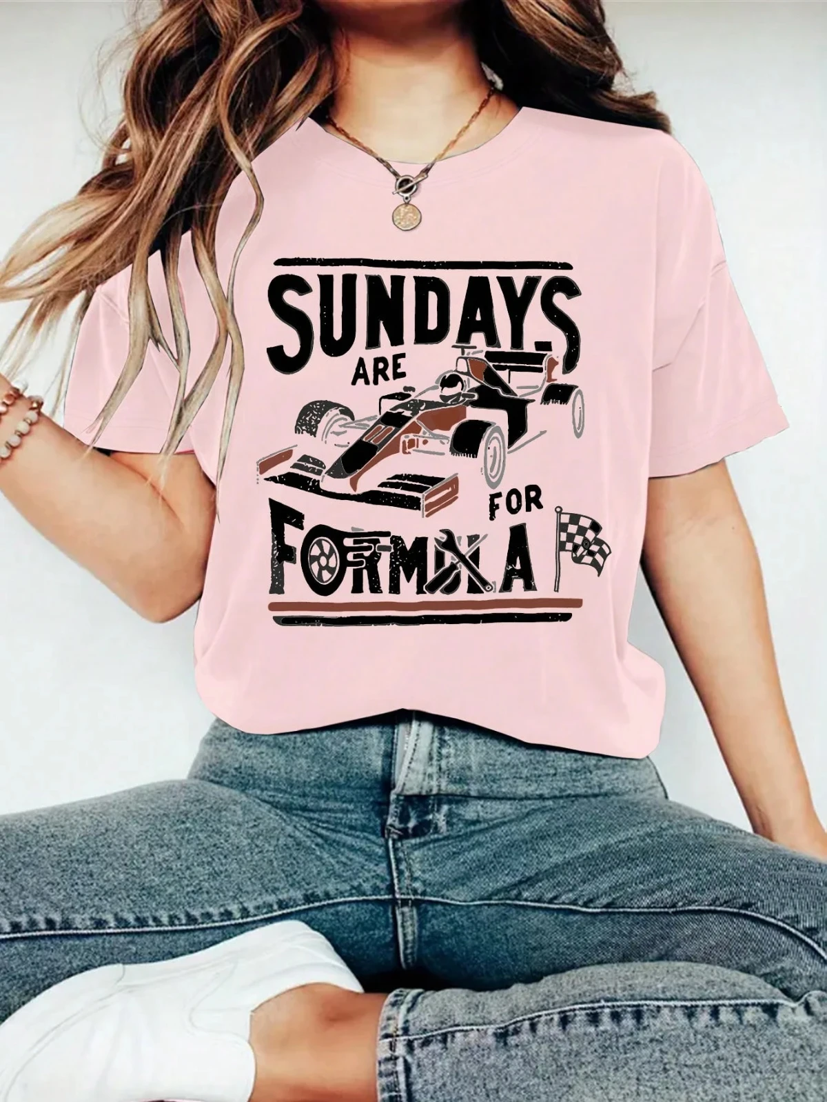 Domingo é para entusiastas de corrida de fórmula moda feminina em torno do pescoço carro de corrida gráfico manga curta camiseta verão