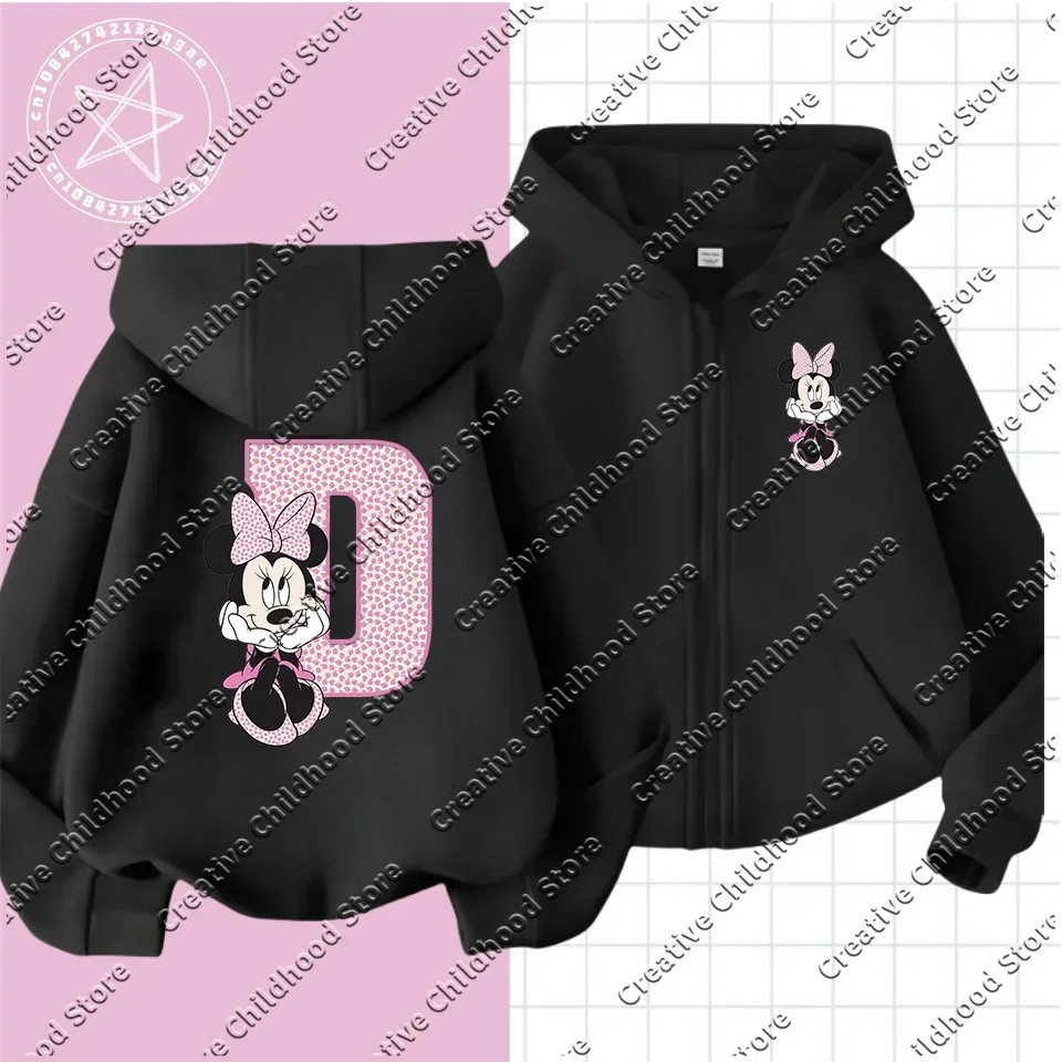 Children Minnie zipper Hoodies Disney Letter Abcd Sweatshirts Kawaii Pullover Anime Cartoons Girls Boy Kids Casual Clothes  Tops