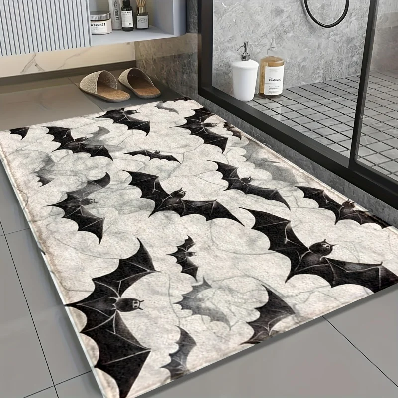 Newest Doormat Black Bat Marble Texture Halloween Doormat Soft Flannel Non Slip Bathroom Shower Floor Mat
