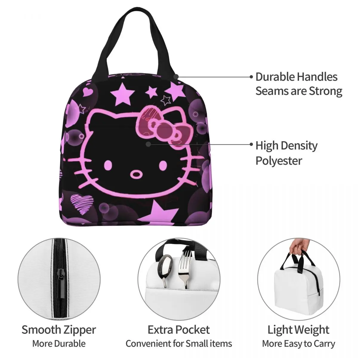 Hello Kitty Punk Style Insulated Lunch Bag Thermal Bag Reusable High Capacity Tote Lunch Box Bento Pouch College Travel