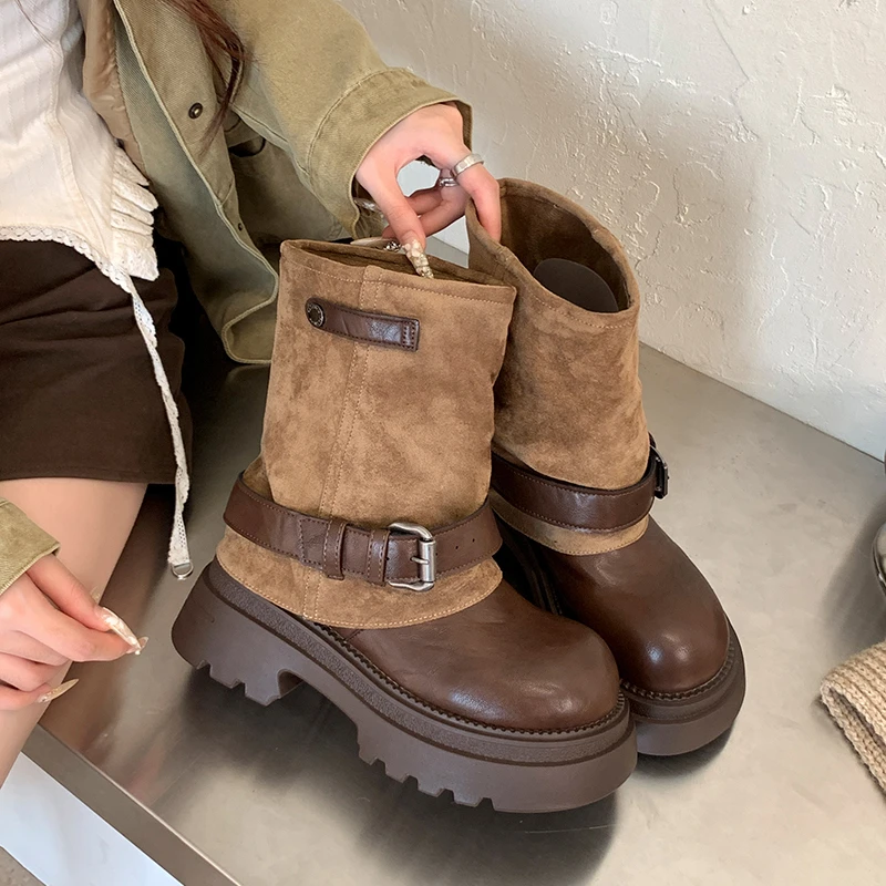 Women's 2026 Autumn New Pile Boots Temperament French Fashion Belt Buckle Block Heel Shoes