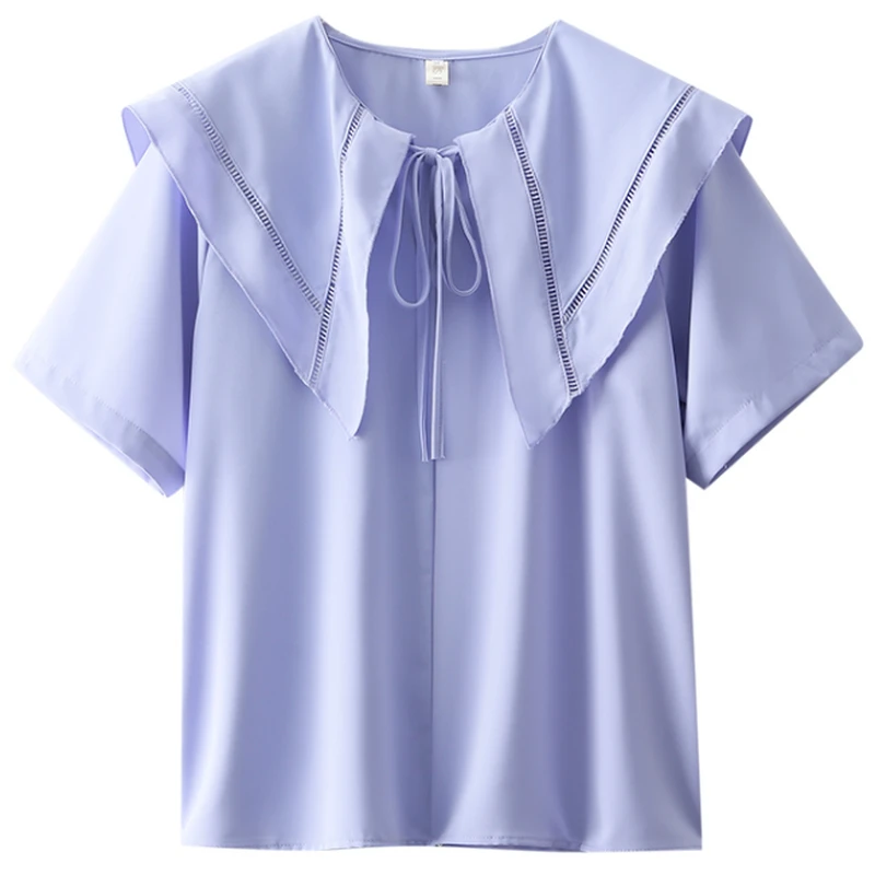 Zomer Koreaanse Holle Blauwe Damesblouse 2023 Nieuwe Elegante Turn-Down Kraag Korte Mouw Casual Kantooroverhemden Tops Dames