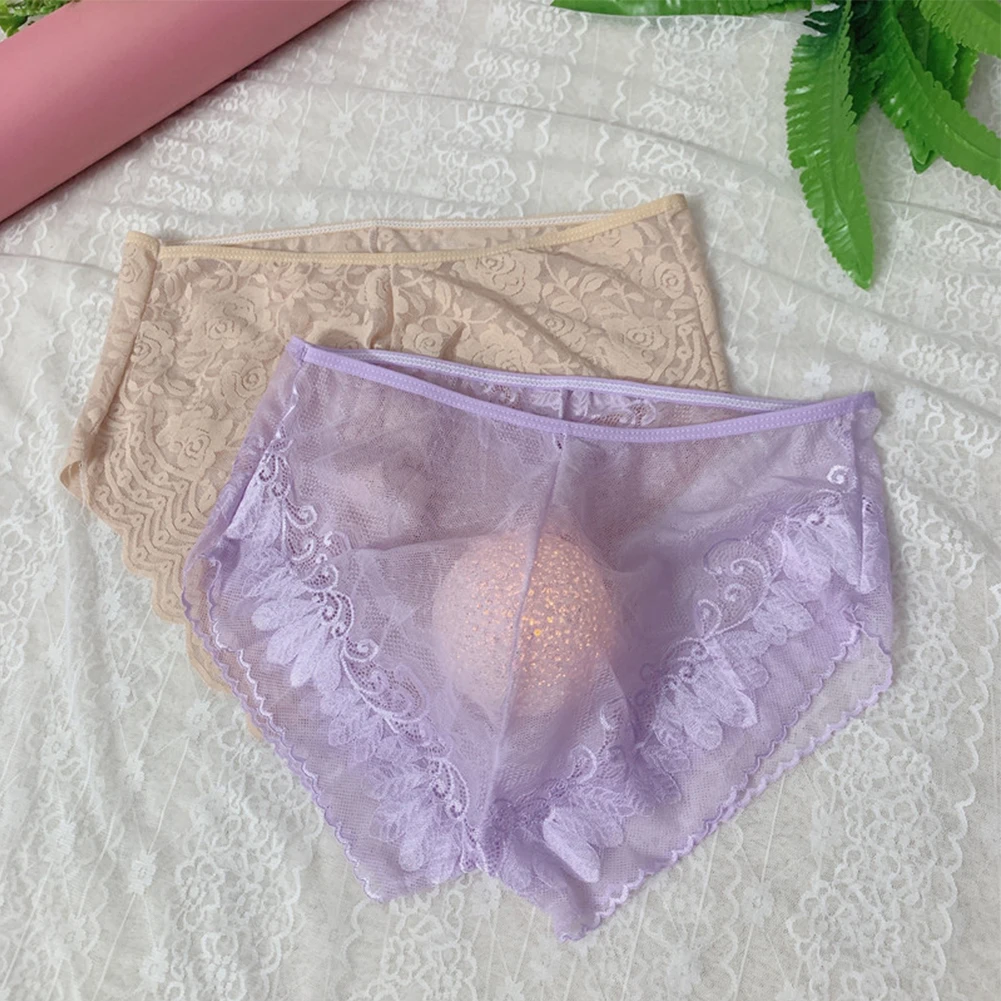 Sexy See Through Lace Briefs Sissy Thin Underpants Breathable Underwear Transprent Panties Gay Sheer Lingerie Net Yarn Knickers