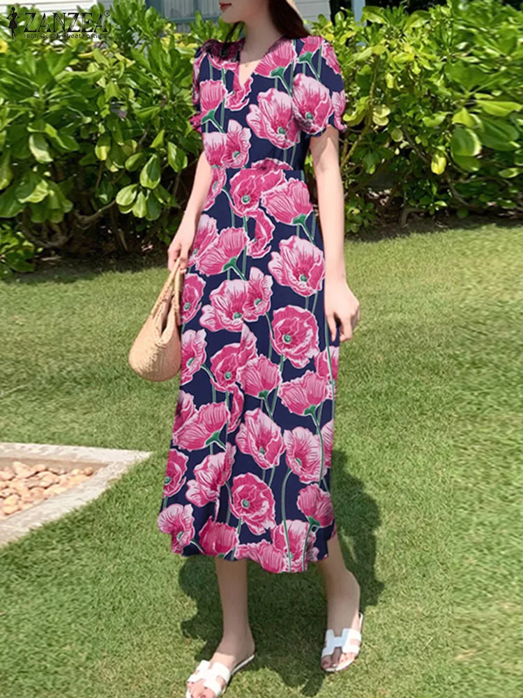 

ZANZEA Elegant Floral Printed Beach Dress Holiday Puff Sleeve Midi Dress Summer Women Vestidos Fashion Korean Style V-neck Robes