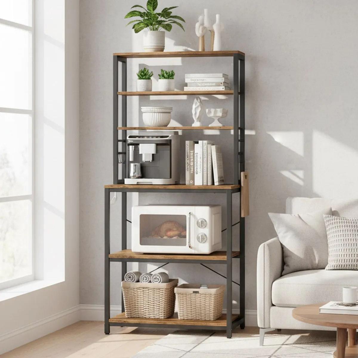 6 Tier Baker s Rack Microwave Stand Rustic Brown Wood Metal Storage Shelf with Hooks