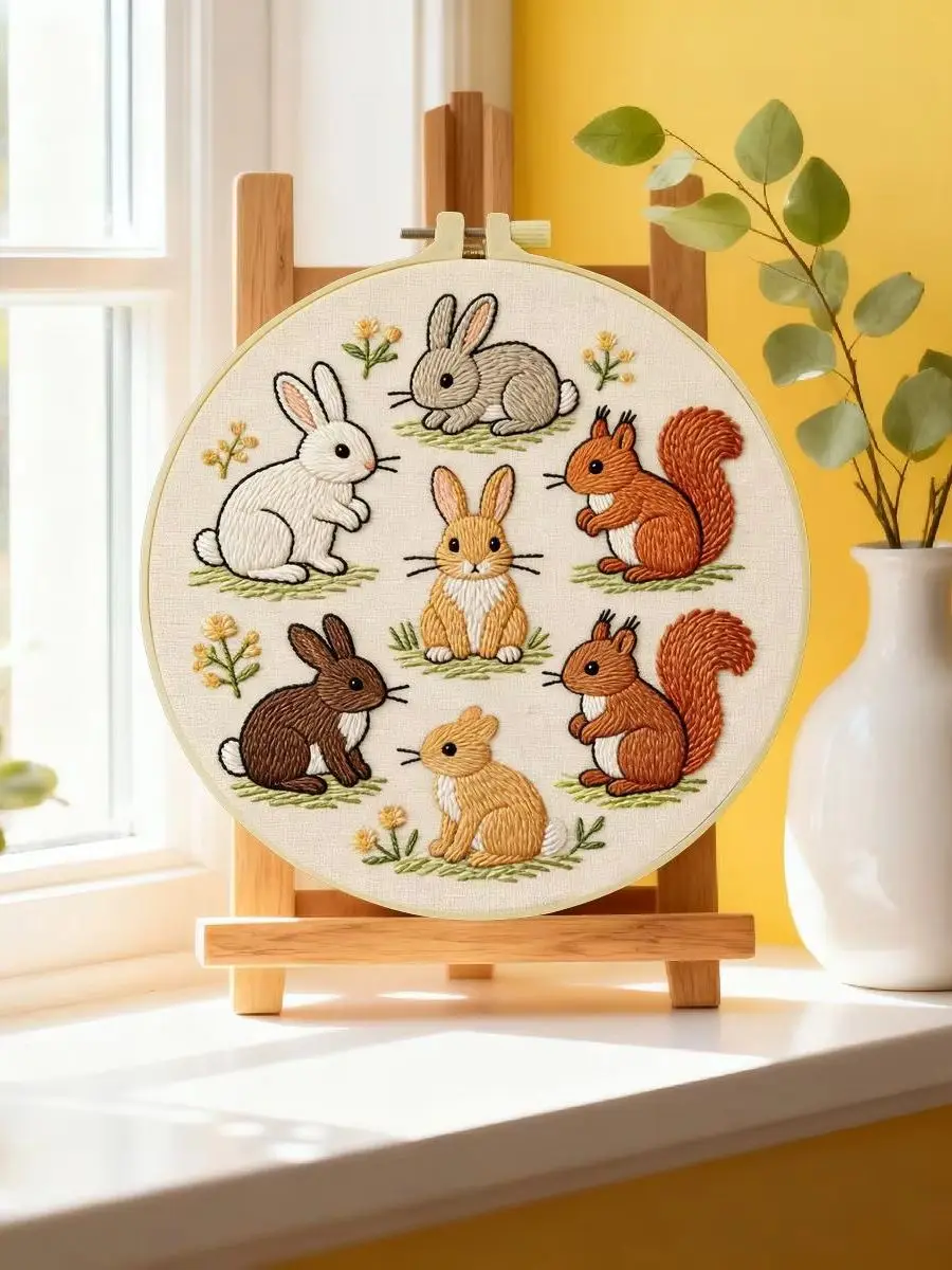 1 Stück 20X20CM/15X15CM 7,87/6,3 Zoll Stickerei-Starter-Kit mit Hasen und Eichhörnchen DIY-Kit DIY-Stickerei-Kit Handarbeiten Nähkunst – Detail 6