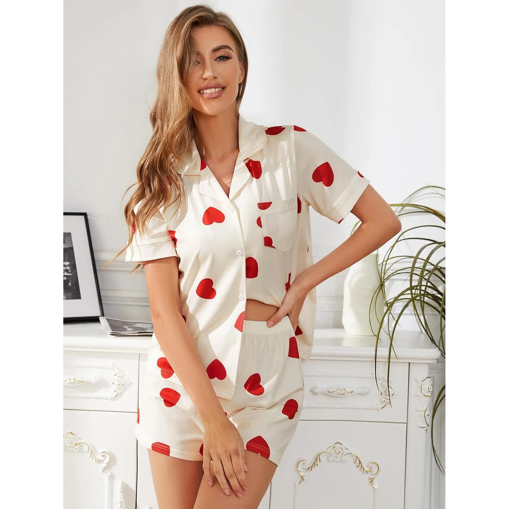 Summer Women's Loungewear Thin Comfortable Love Printed Short-sleeved Sleep Shirt Shorts Two-piece Night Wear For Ladies Pijama