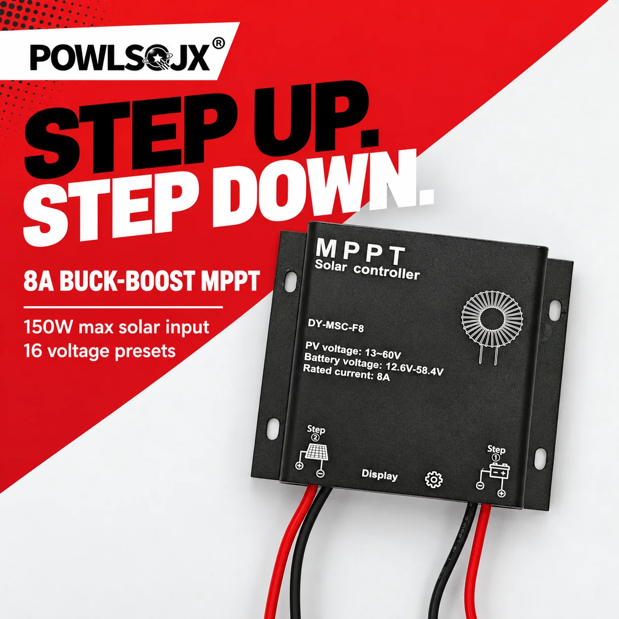 POWLSOJX F8 8A MPPT Solar Charge Controller, 16 Charging Voltage Presets from 12.6V to 58.4V for Matching Lead-Acid