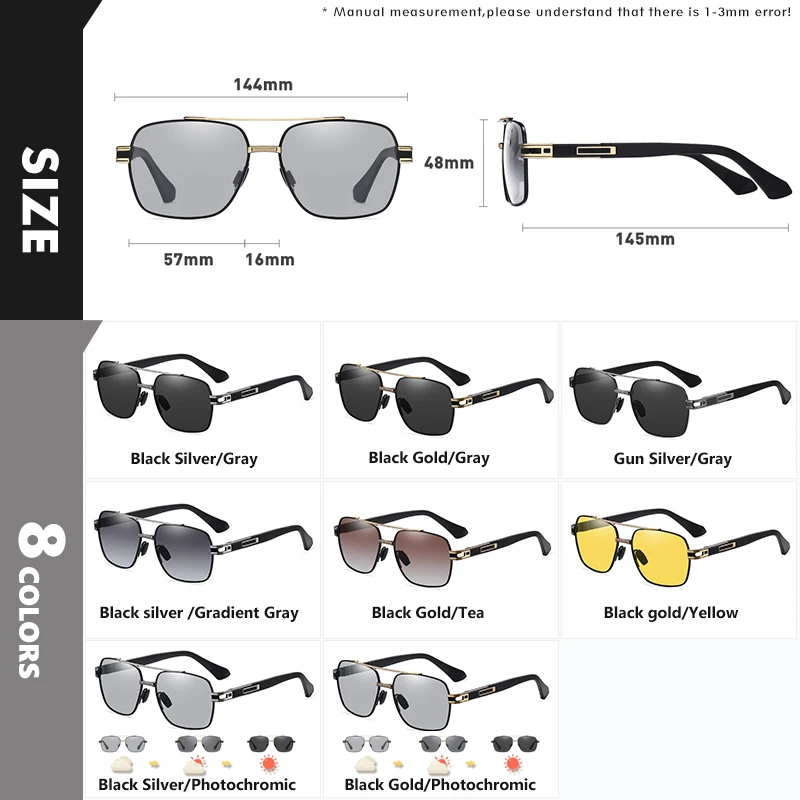 Brand Square Photochromic Sunglasses For Men Women Polarized Sun Glasses Chameleon Anti-glare Driving Oculos zonnebril heren