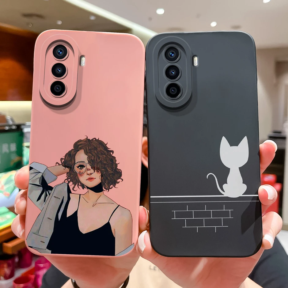 Para Huawei Nova Y70 funda de teléfono carcasa de silicona líquida mate para Huawei Nova Y70 Plus lindo gato dibujos animados estilo cubierta trasera ultrafina