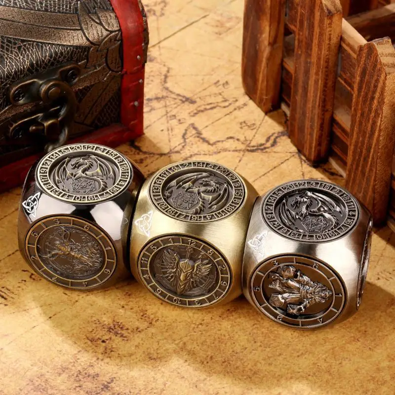 Creative Turnable Dice with Six Different Pattern D4/d6/d8/d10/d12/d20 7-in-1 Metal Rotate Dices for RPG Role Play Game Events