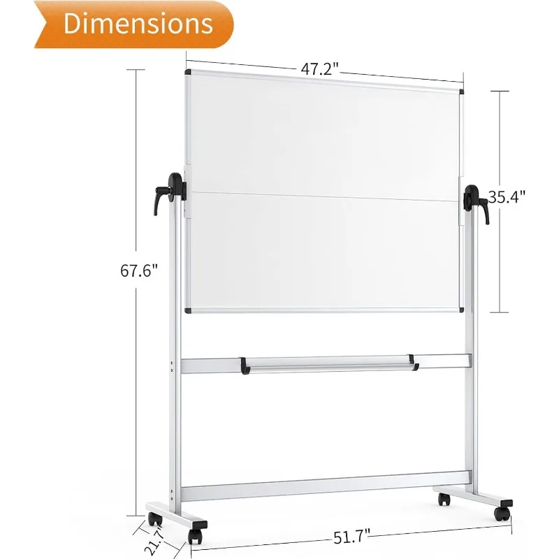 Quadro branco móvel dupla face, 48 x 36 polegadas, quadro branco de apagamento a seco com rolamento magnético sobre rodas com estrutura de alumínio e suporte