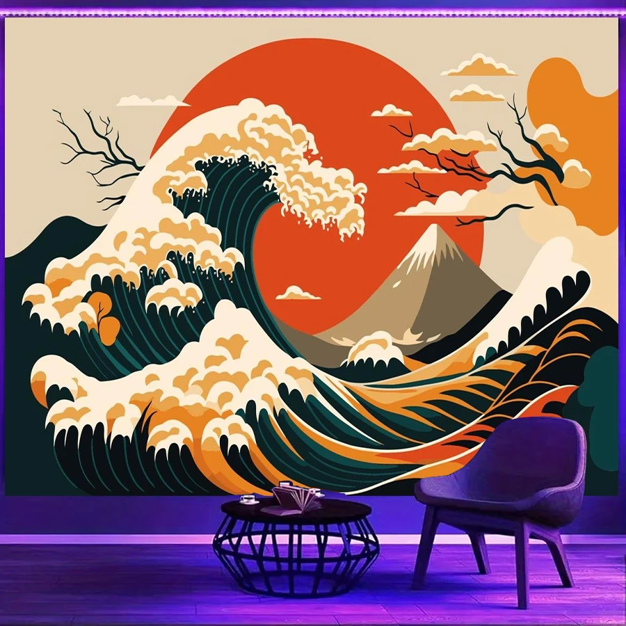 1PC Japanese Wave Fuji Sun Art Print Backdrop Banner, Bedroom Living Room Photo Background, Polyester, Home Decor, Wall Art