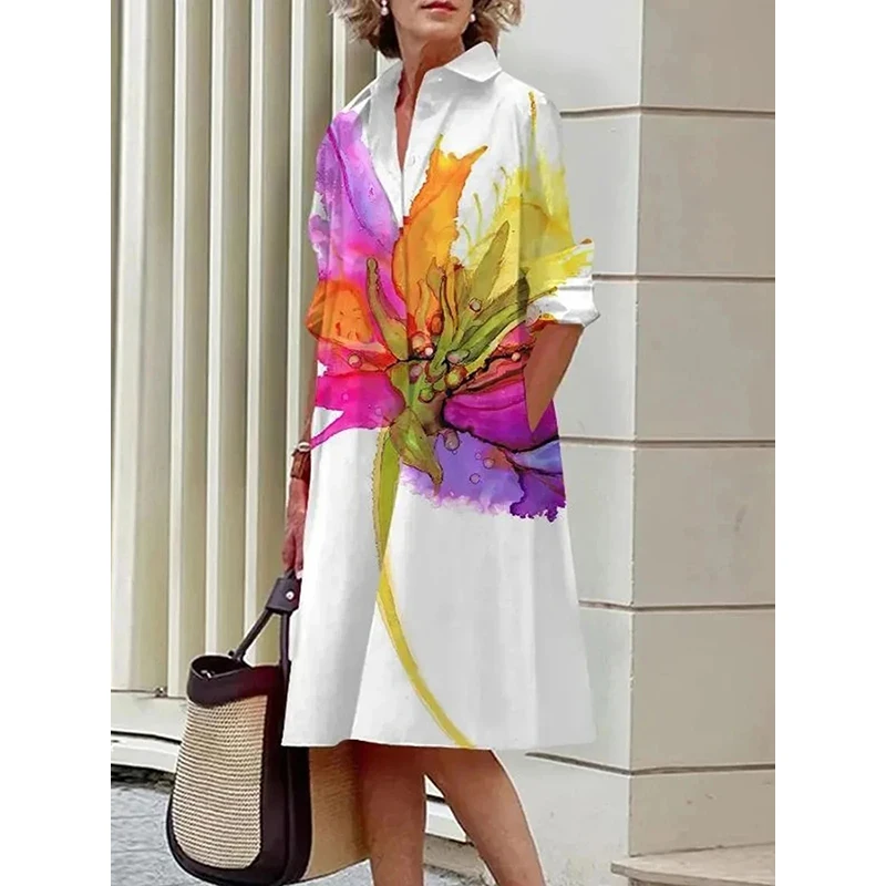 

Freeacy Female Commuter Dress Lapel Long Sleeves Floral Printed Shirt Dress for Women 2024 Spring Summer Loose Casual Dresses