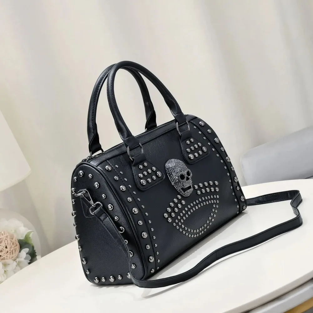 Punk Gothic Rock Metallic Skull Handbag Large Capacity Gothic Shoulder Bag with rivets Skeleton Leather Handbag Wallet