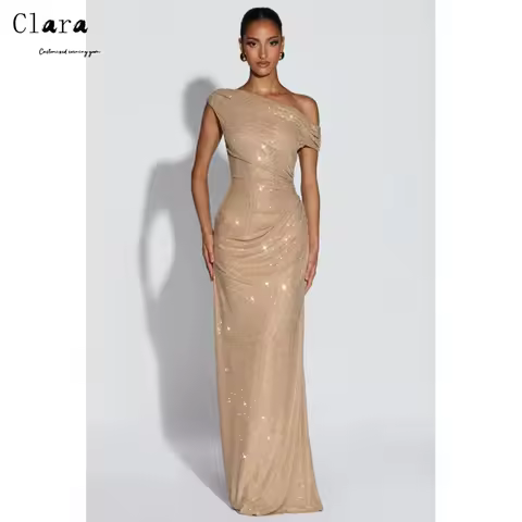 Clara Custom Champagne Fishtail Off-shoulder Shiny Elegant Evening Dresses for Woman Luxury Evening Dresses 2026 Prom Dress Chic