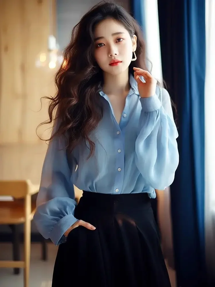 Women\'s Shirt and Blouse Button Up Loose Summer Female Tops Blue Chiffon Full Long Sleeve Elegant 2024 Y2k Fashion Young Clothes