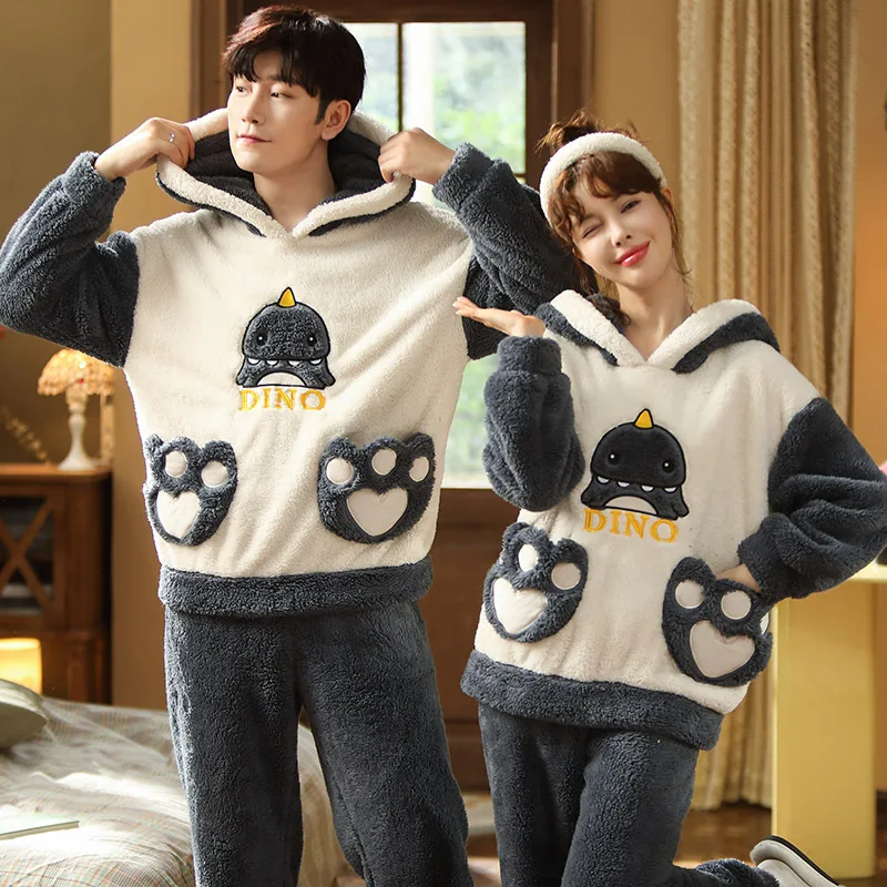 Winter Couples Pajama Sets Women Men Pyjamas Hoodies Sleepwear Thicken Soft Warm Cartoon Cat Lovely Lovers Pijamas Suit