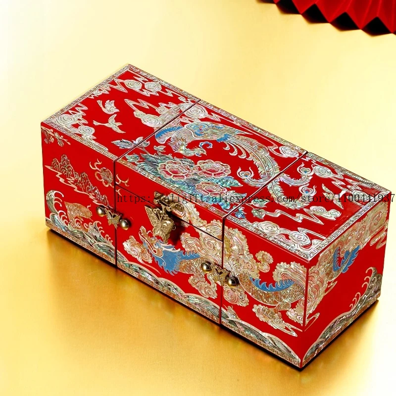 

Luxury Wedding Jewelry Box with Dragon Phoenix Design Mother-of-Pearl Inlaid Dowry Chest Chinese Bridal Gift Jewelry Case
