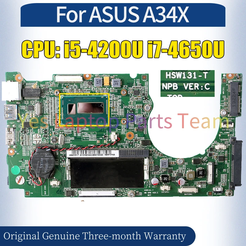 HSW131-T For ASUS A34X Laptop Mainboard  QEVE i5-4200U QEK1 i7-4650U 100％ Tested Notebook Motherboard