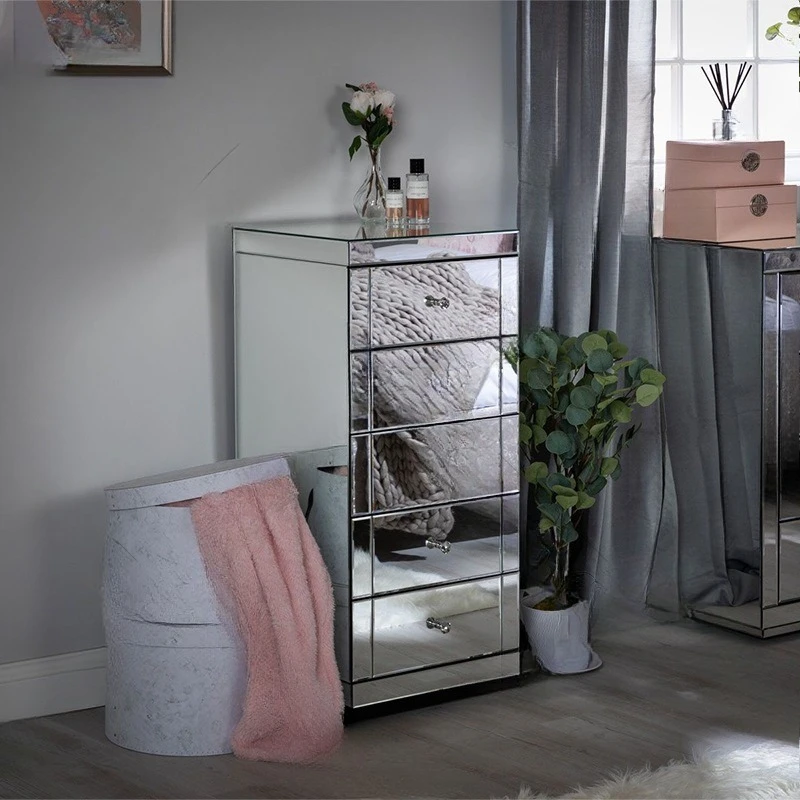 

Modern silver mirror chest, glass storage cabinet, European and American style bedroom furniture, corner , four drawers