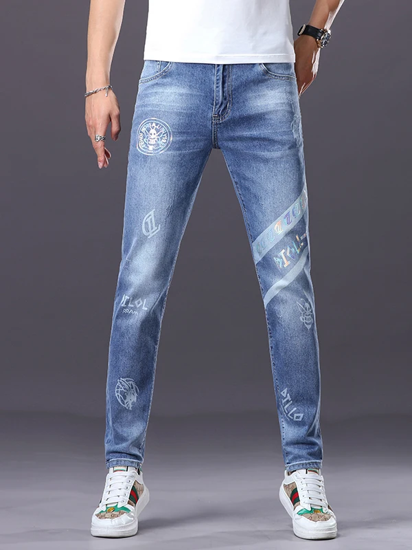 

Ele Men's Printed Denim Jeans Slim Fit Casual Spring Autumn Cotton Stretch mid Waist Zipper Closure Wear Resistant