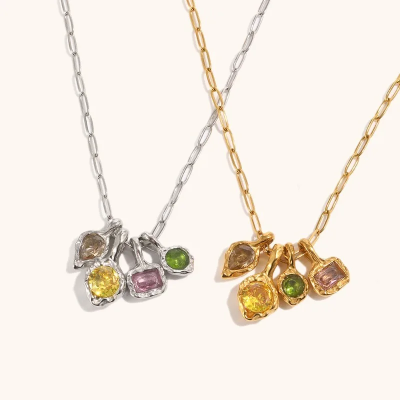 18k Gold Diamond Irregular Texture Necklace Stainless Steel Gemstone Cluster Pendant Handmade Art Jewelry Gift For Women