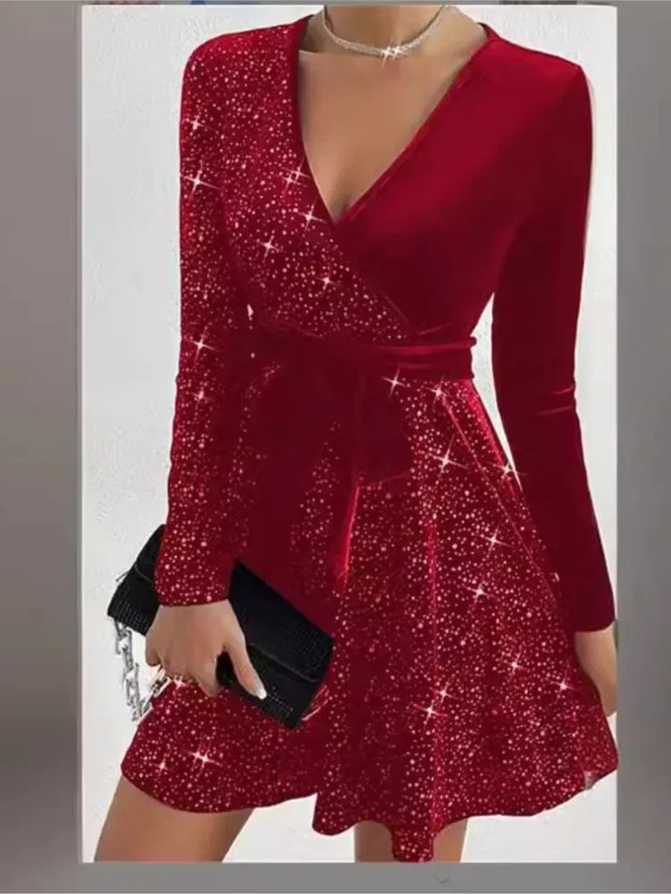 CPSYMYM – robe trapèze élégante avec ceinture pour femme, Sexy, col en v, manches longues, paillettes, mode de rue, robe de soirée, automne hiver