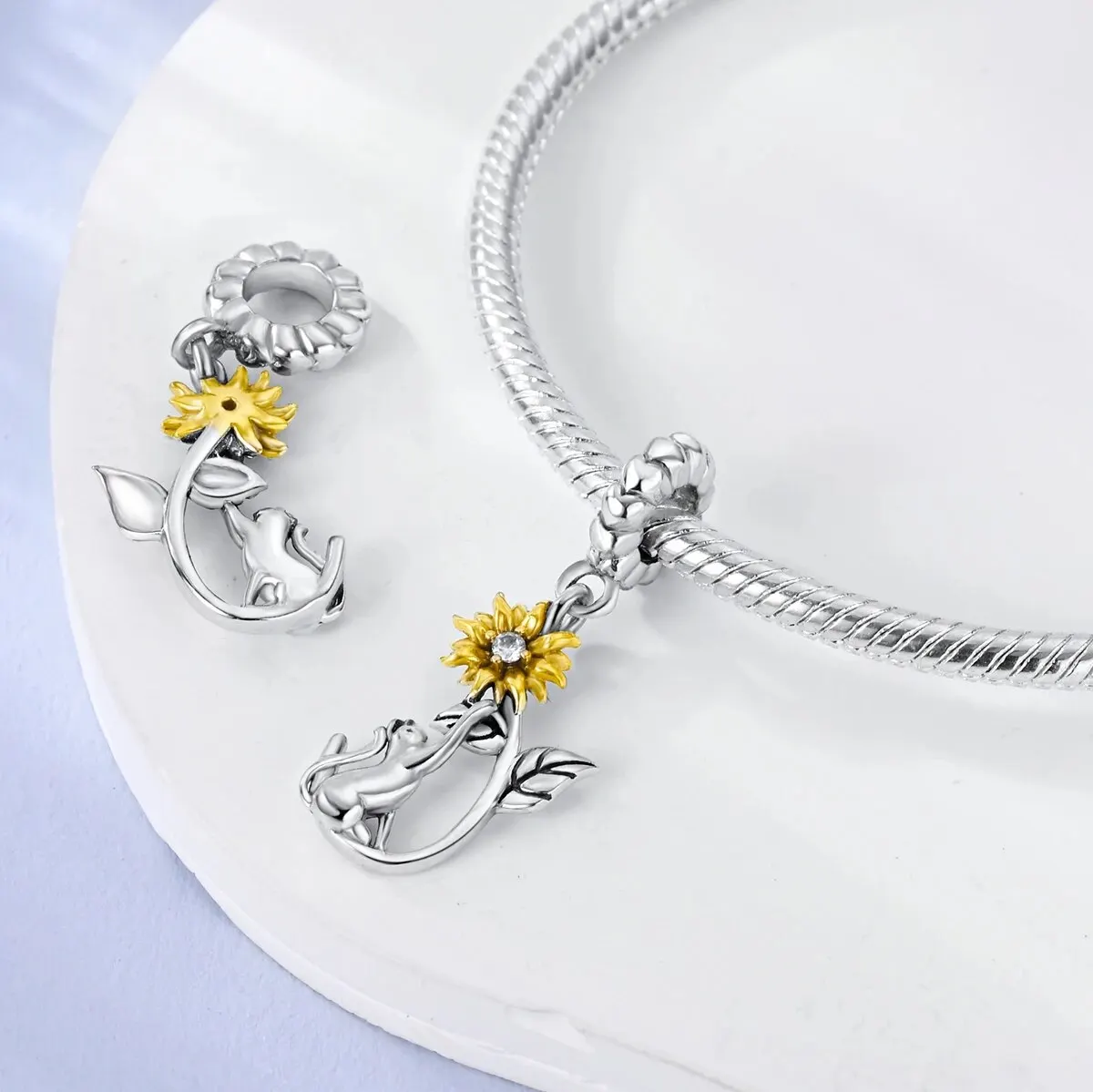MULA 1PC Silver Plated Dangle Charms Flower Cat Pendants Fit Original Beads Making Fashion Jewelry