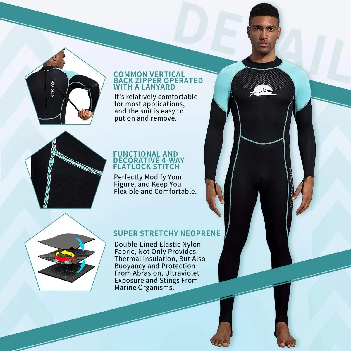 Men\'s 2mm Neoprene Wet Suits Full Body Wetsuit for Diving Snorkeling Surfing Swimming Canoeing in Cold Water Back Lanyard Zipper