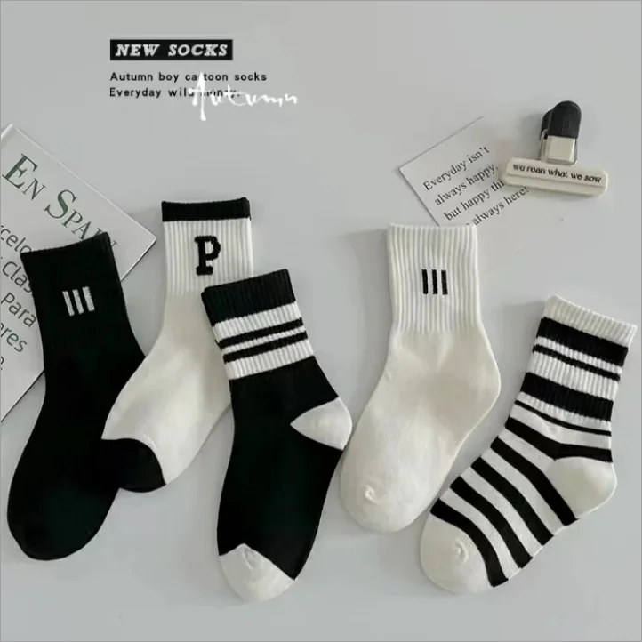 5-Pack Kids' Cozy Breathable Socks Set Spring Autumn Black White Striped Letter Design for School Season