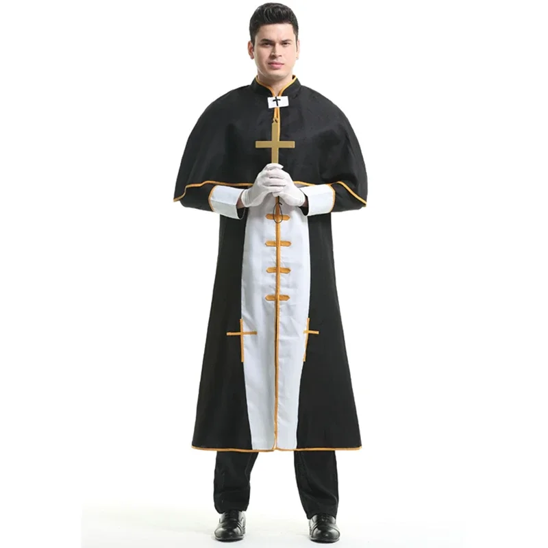

Halloween Men Adult Christian Priest Costume Day Dead Missionary Religious Pastor Catholic Cosplay Dress