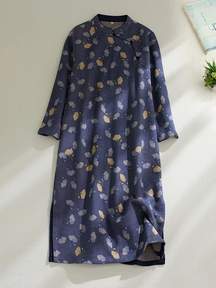 Retro Le Print Thiened Garza di cotone Lungo Sve Colletto alla coreana Dr plus Size Abbigliamento donna Grasso MM Button Plaet Maxi...