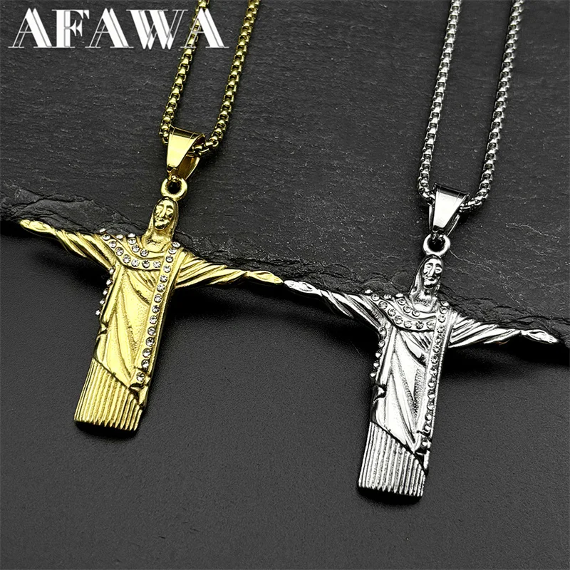 

Christian Jesus Statue Rhinestones Pendant Necklace for Women Men Stainless Steel Gold Color Crucifix Chain Amulet Jewelry Gift
