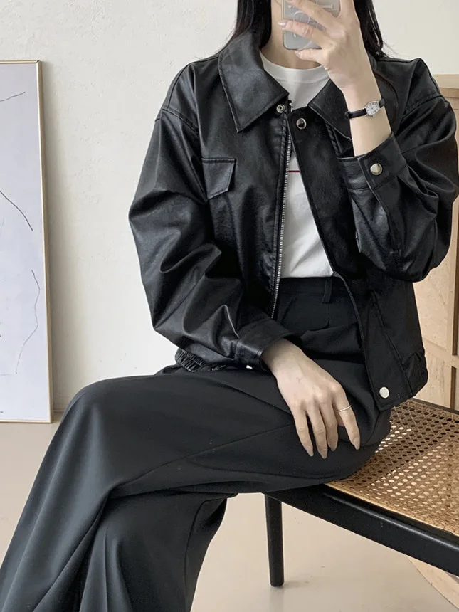 

Женское кожаное пальто в Корейском стиле в стиле ретро, свободный топ, модный универсальный дизайн, осенняя коллекция 2025 г.