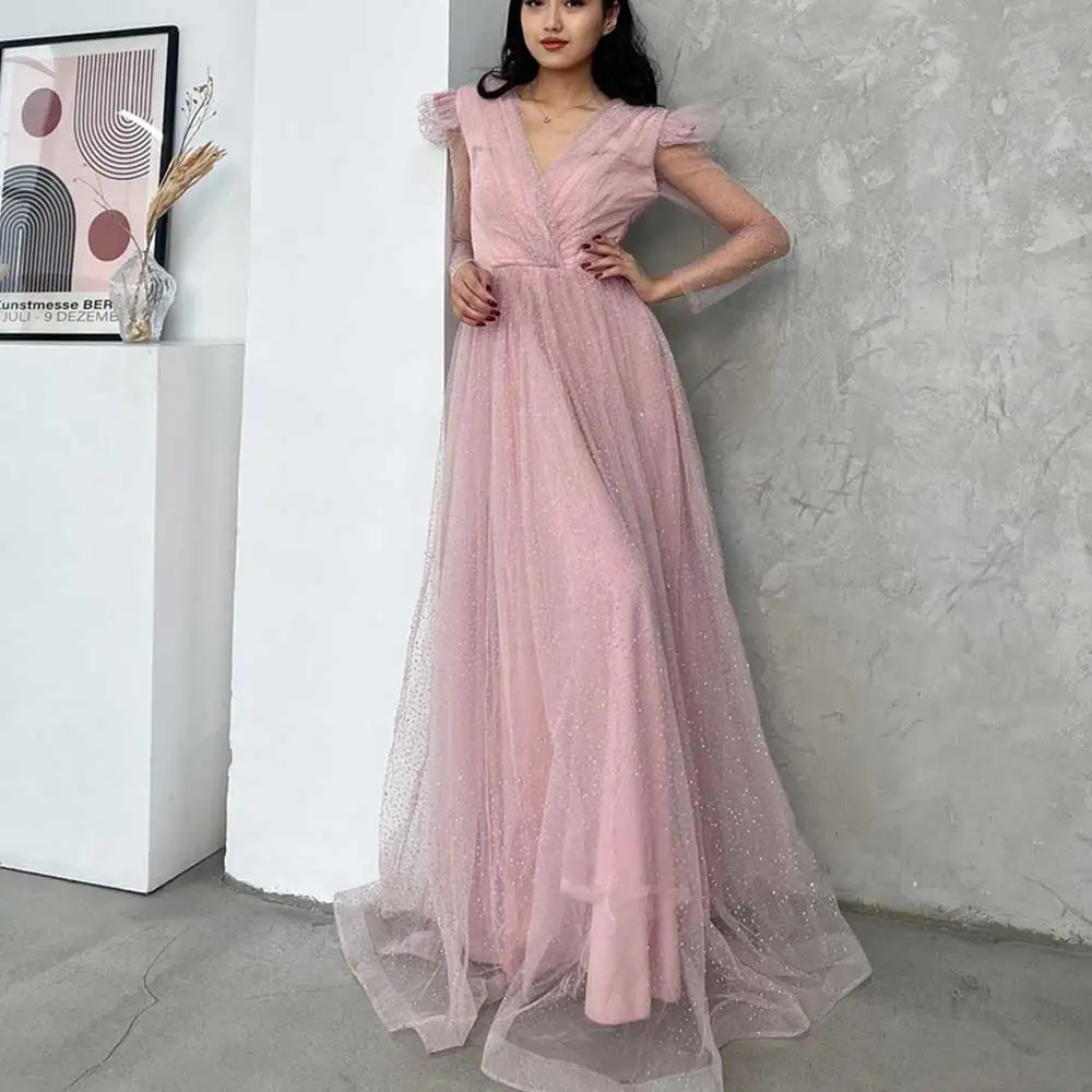 

Sparkling Pink Tulle Evening Dress V-Neck Pleated A-Line Illusion Long Sleeved Women's Fashion Elegant Sweep Train Prom Gown