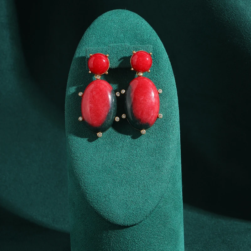 خمر ارتفع الأحمر الحجر الطبيعي انخفاض القرط كبير الذهب اللون حجر الراين مجوهرات فاخرة للمرأة اكسسوارات حفلة جديدة في 2025