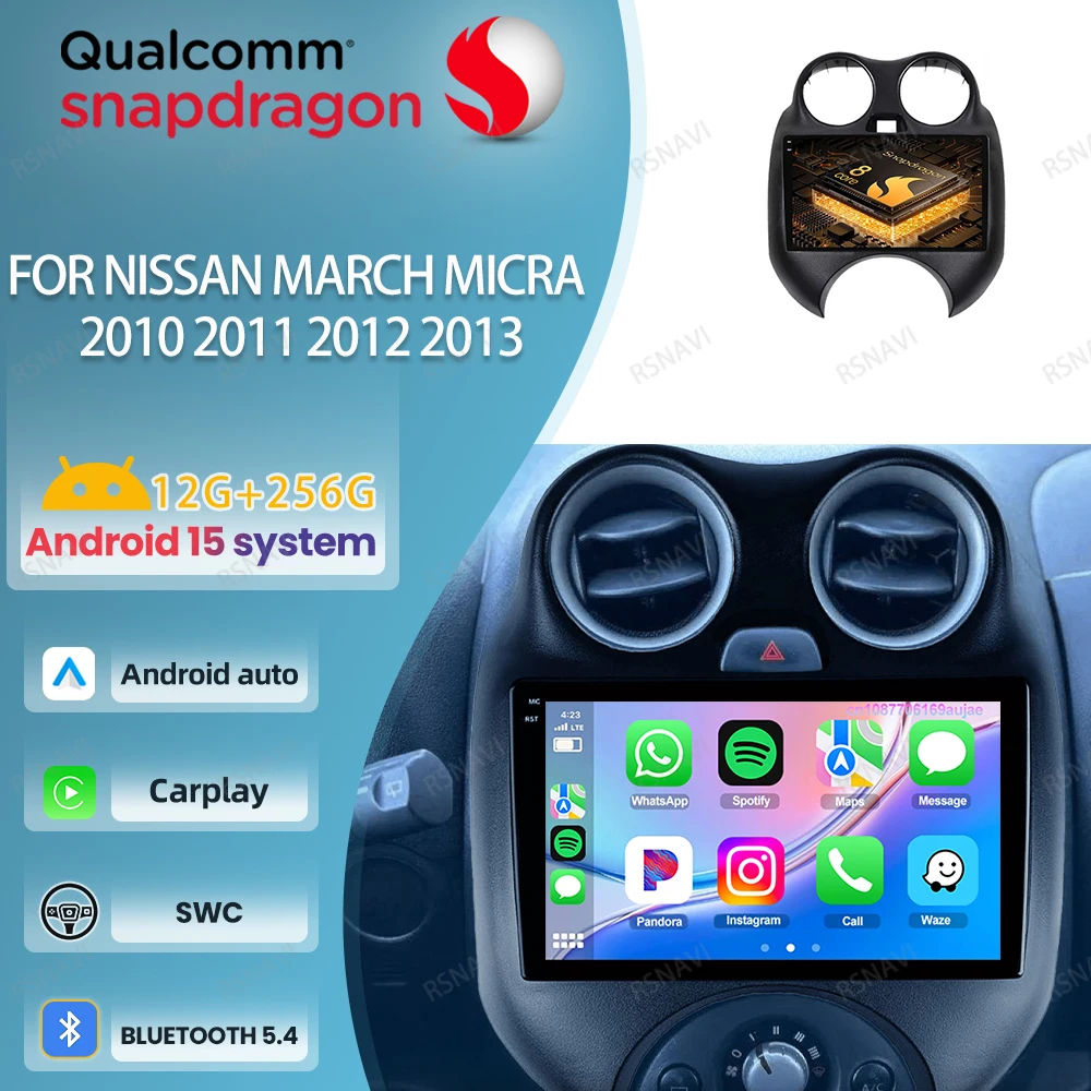 Radio de coche Android 15 para Nissan March MICRA 2010 2011 2012 2013 Carplay inalámbrico Auto DVD navegación DSP unidad principal BT 5G WIFI