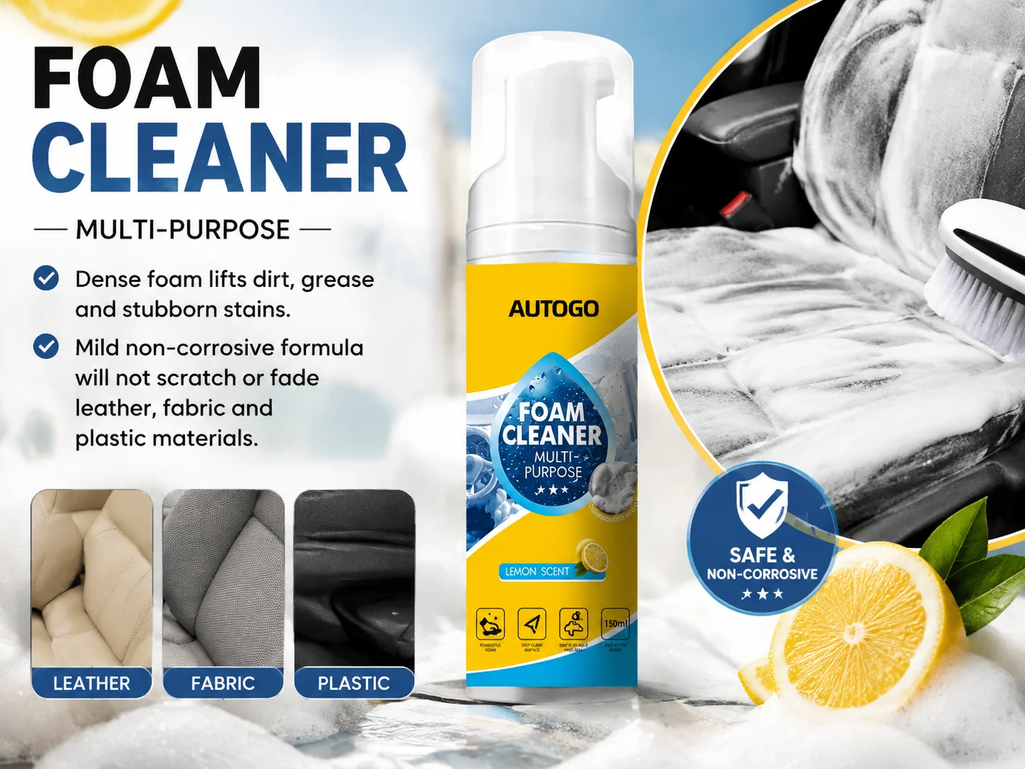 AUTOGO Multi-Purpose Foam Cleaner 150ml, Car Interior & Home Upholstery Cleaner for Leather Fabric Plastic Seat Sofa Sneaker
