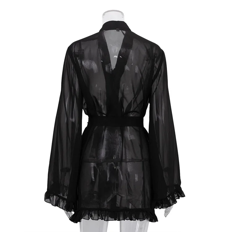 2026 New Sheer Sexy Dress For Women Ruffled Flared Sleeves V-Neck Tie-Waist High-Waisted A-Line Dress Black Short Party Dresses
