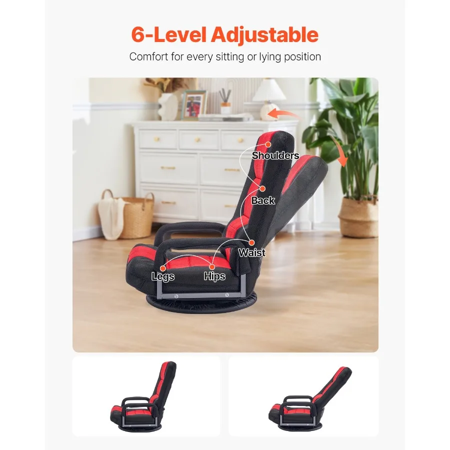 Swivel Floor Gaming Chair With Armrests, 360-Degree Rotating Floor Chair With 6 Adjustable Position Folding Backrest And Lumbar