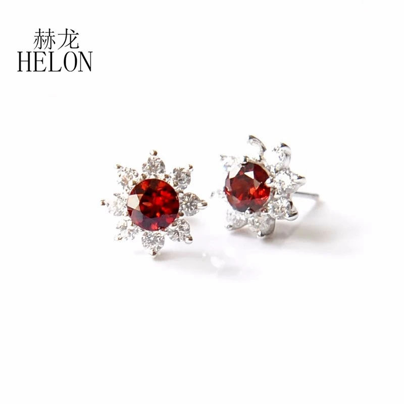 

HELON Women Fine Jewelry Lab Grown Diamond Moissanite Earrings Solid 18k 14k 10k White Gold Genuine Garnet Stud Earrings Gift