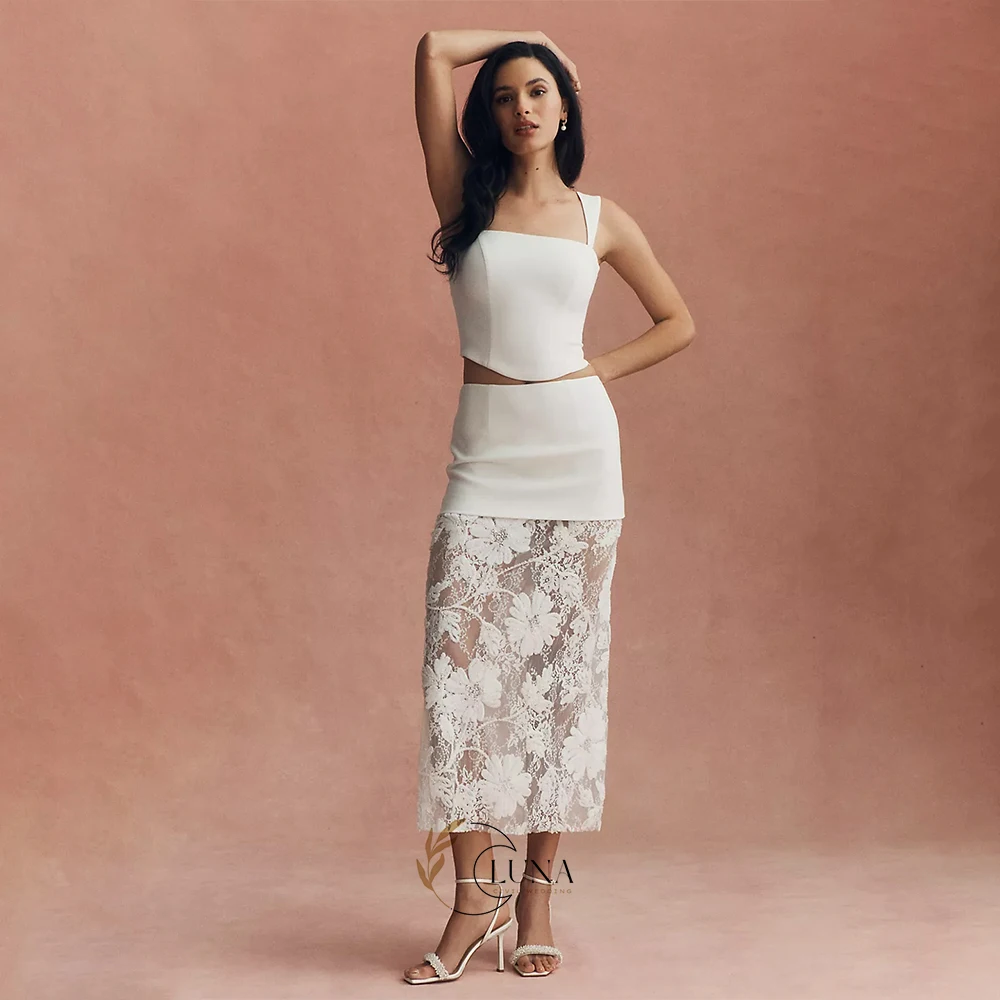 Luna Customized Square Collar Bridal Grown French-Style Patchwork Knit Lace Straight Skirt Luxury Two-Piece Wedding Dress