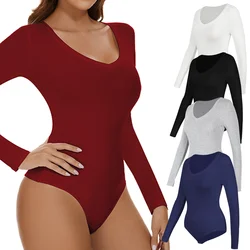 Bodysuit Women Sexy Body Shaper V Neck Slimming Jumpsuit Long-sleeved Winter Thermal Underwear Seamless Breathable Base Layer
