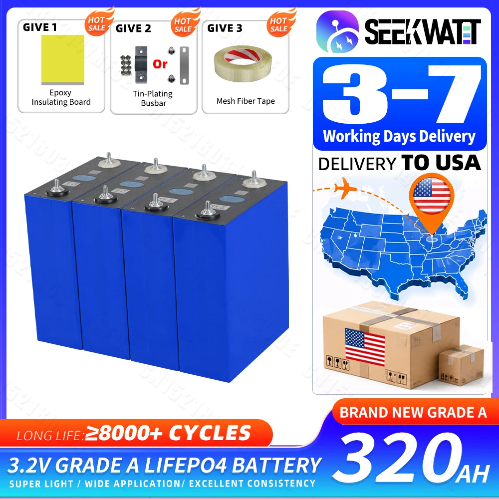 US Stock 320Ah 3.2V Grade A LiFePO4 Rechargeable Battery Cell 8000 Cycles DIY 12V 24V 48V For Solar RV Camping Forklift EV Yacht