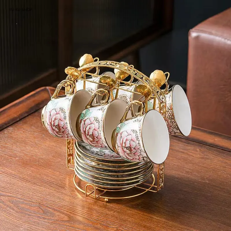 18/19PCS Ceramic Coffee Cup Saucer Set Retro Gold Tracing Tea Cup Set  Electroplating Process Home Teacup Eco Friendly Drinkware