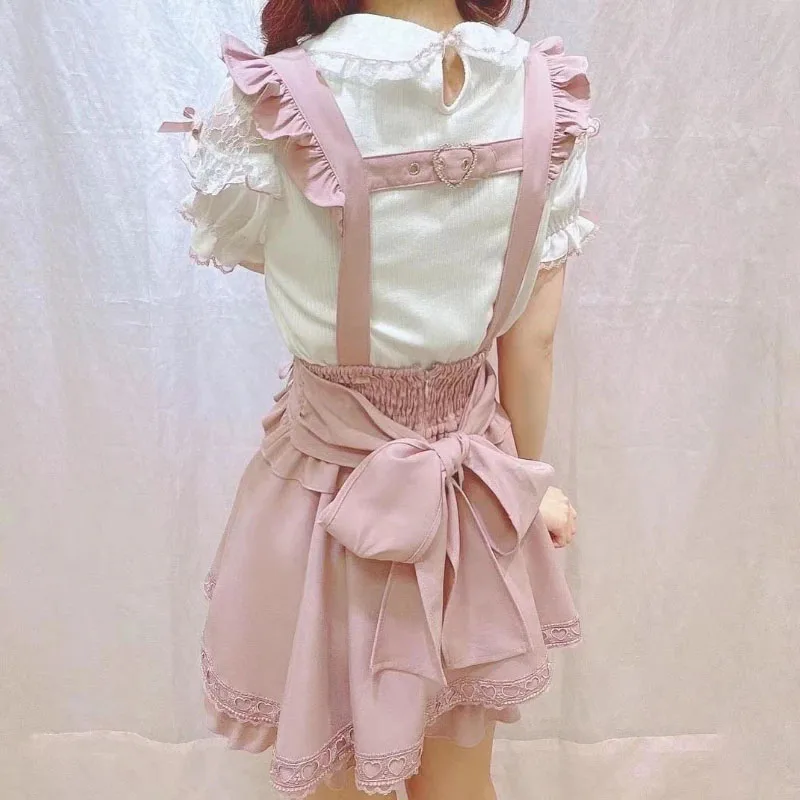 Japanese Gothic Lolita Ribbon Bow Diamond Pearl Buckle Removable Short Suspender Skirt Girls Sweet Cute Lace A-Line Mini Skirts