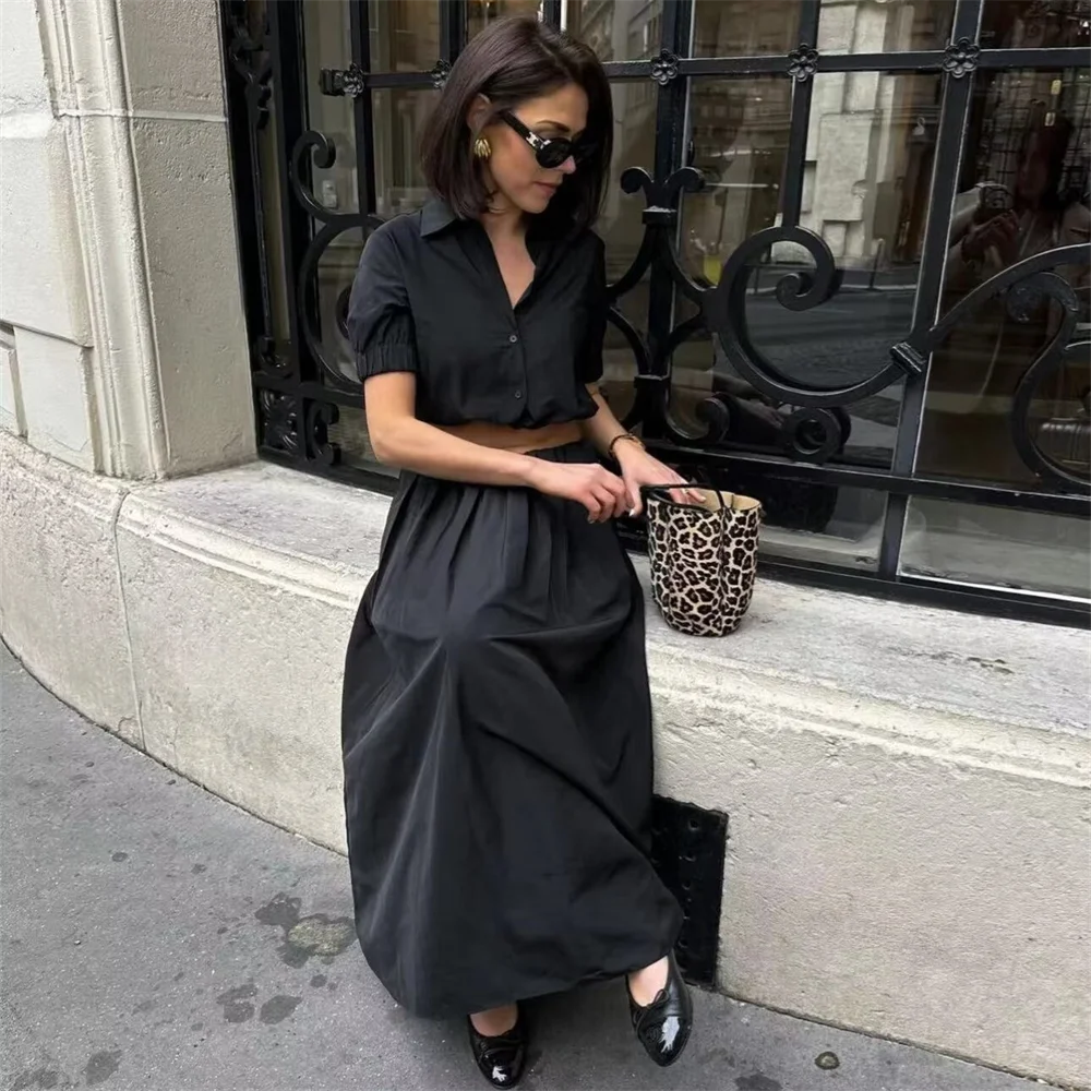 ZA2024 Autumn New Women\'s Fashion Style Casual Solid Color Simple and Versatile Collar Shirt Wide Swing Midi Skirt Set