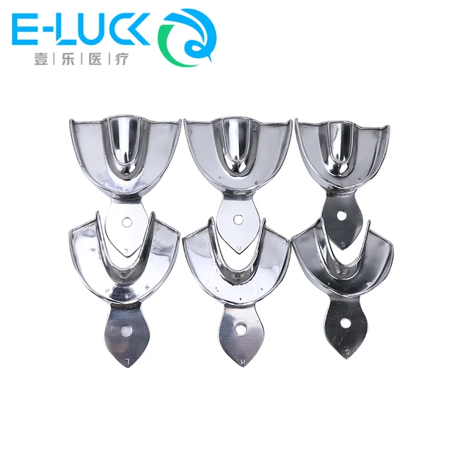 6 sztuk/zestaw Dental metalowe tace stomatologia taca wyciskowa ze stali nierdzewnej narzędzia dentystyczne bez otworu górny dolny 3 rozmiary
